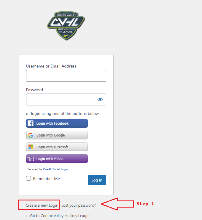 How to Create a New Login Comox Valley Hockey League